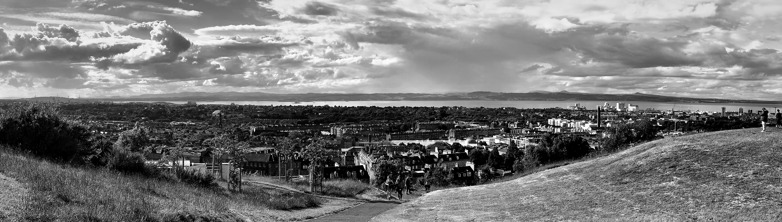 A panorama from Calton Hill over Edinburgh to Leith and the Firth of Forth