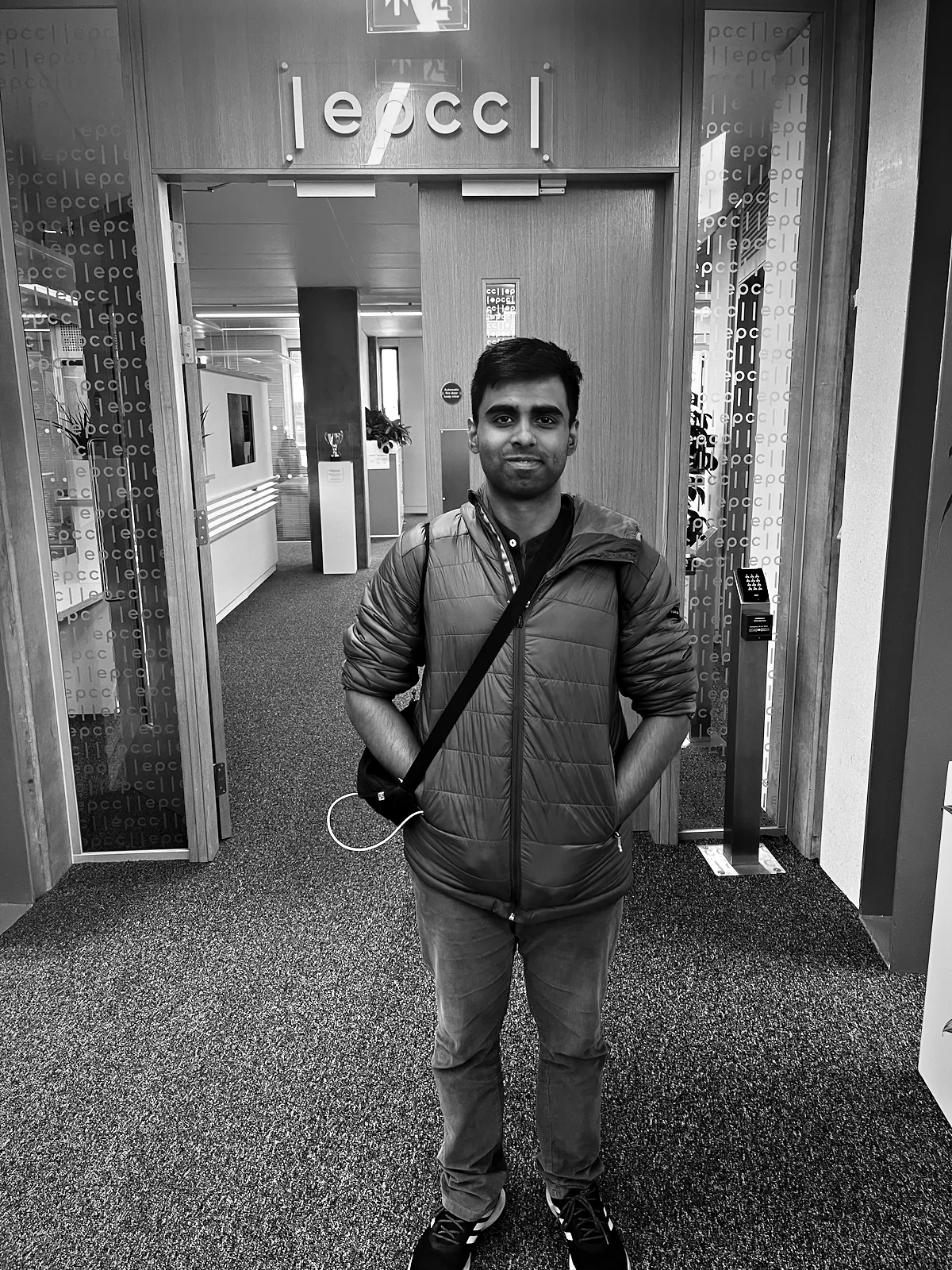 Me at the EPCC entrance in the Bayes Centre