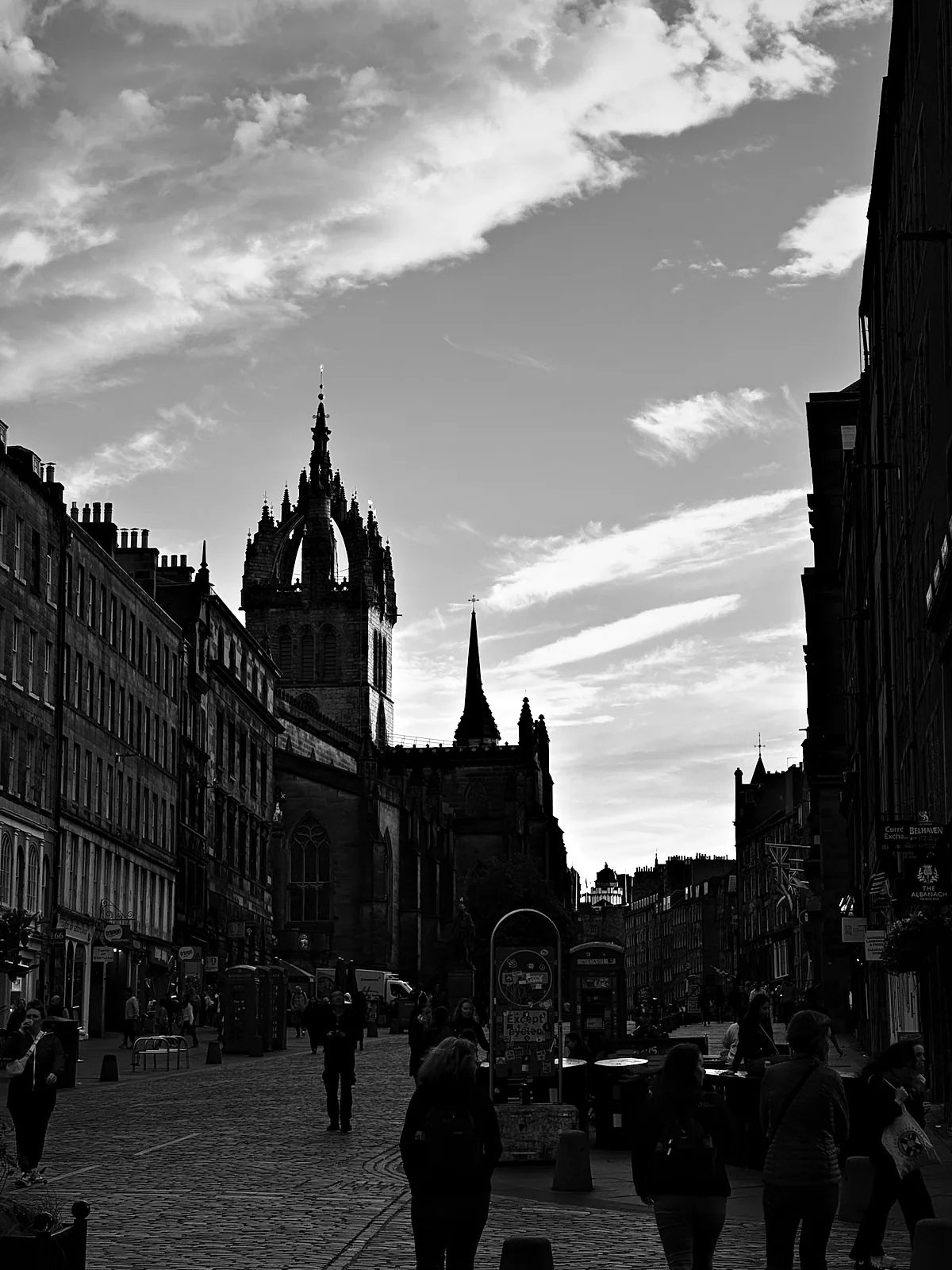 The Royal Mile at 9:40 in the evening, with the crown spire of St Giles' Cathedral against the sky