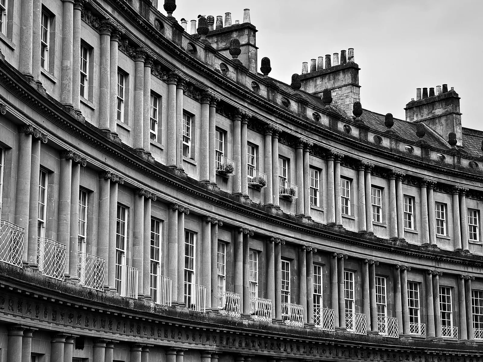 The curved terraces of the Circus in Bath, with three tiers of columns